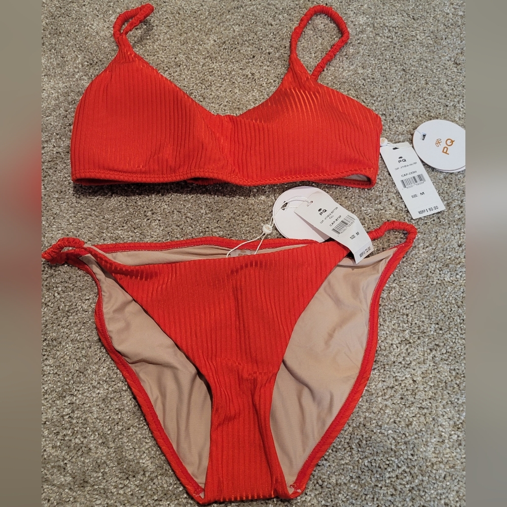 NWT PQ Swim Coral Red Bikini Top Bottom Set Size Medium